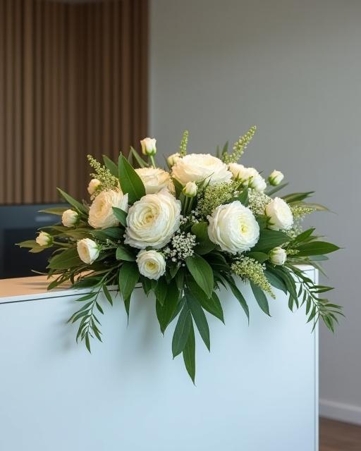 A modern, elegant floral arrangement on a corporate reception desk.